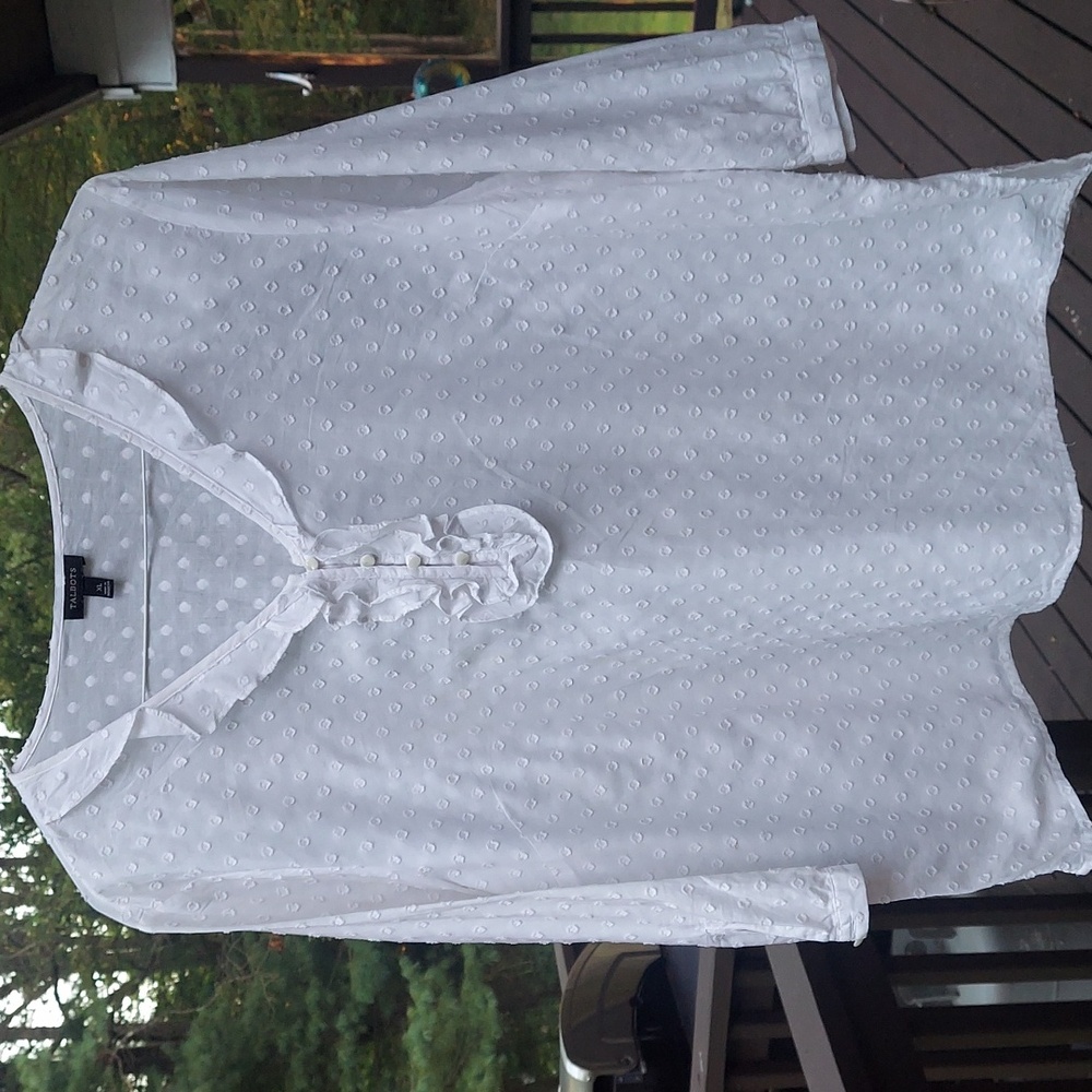 Talbots White Semi Sheer Embriodered V neck Ruffle Blouse Sz L